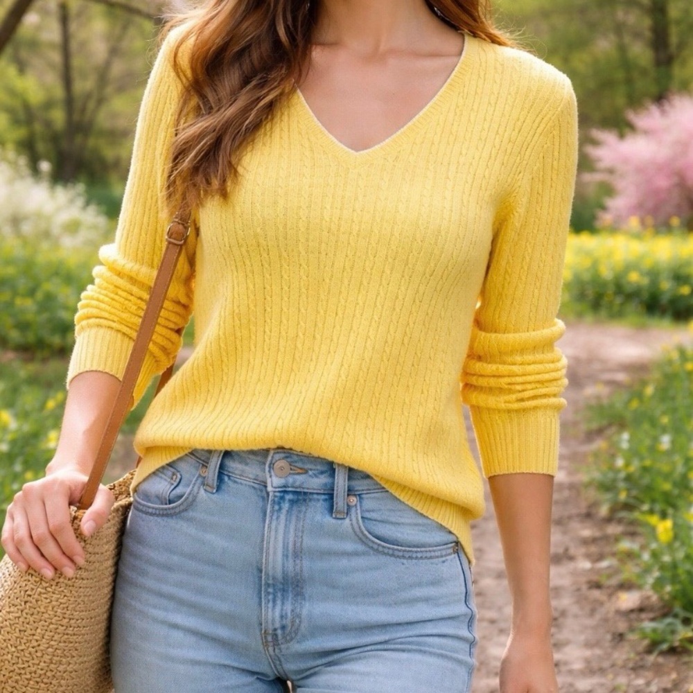 Lauren Ralph Lauren Sunny Yellow V-Neck Ribbed Cable Knit Sweater